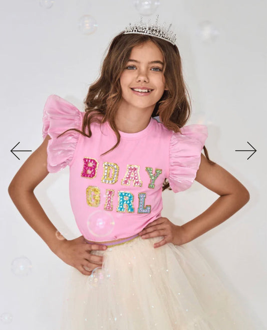 Pink Birthday Girl Ruffle Sleeve Top