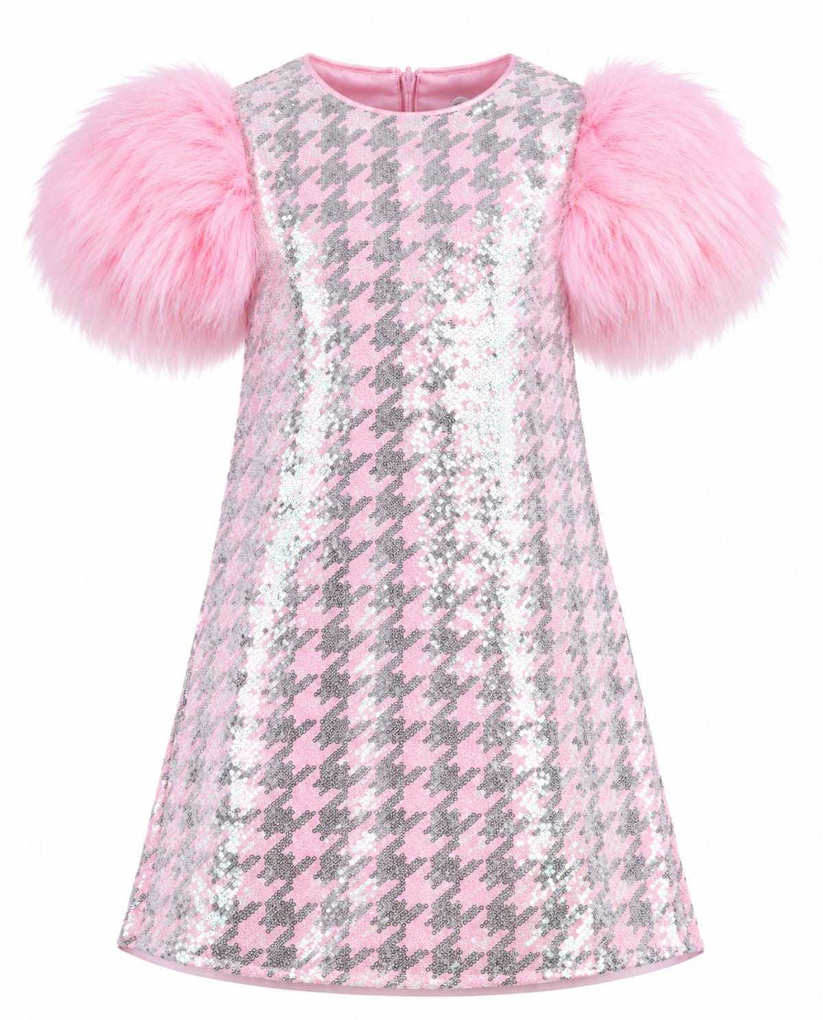 HOUNDSTOOTH SEQUIN FEATHER SLEEVE PARTY DRESS