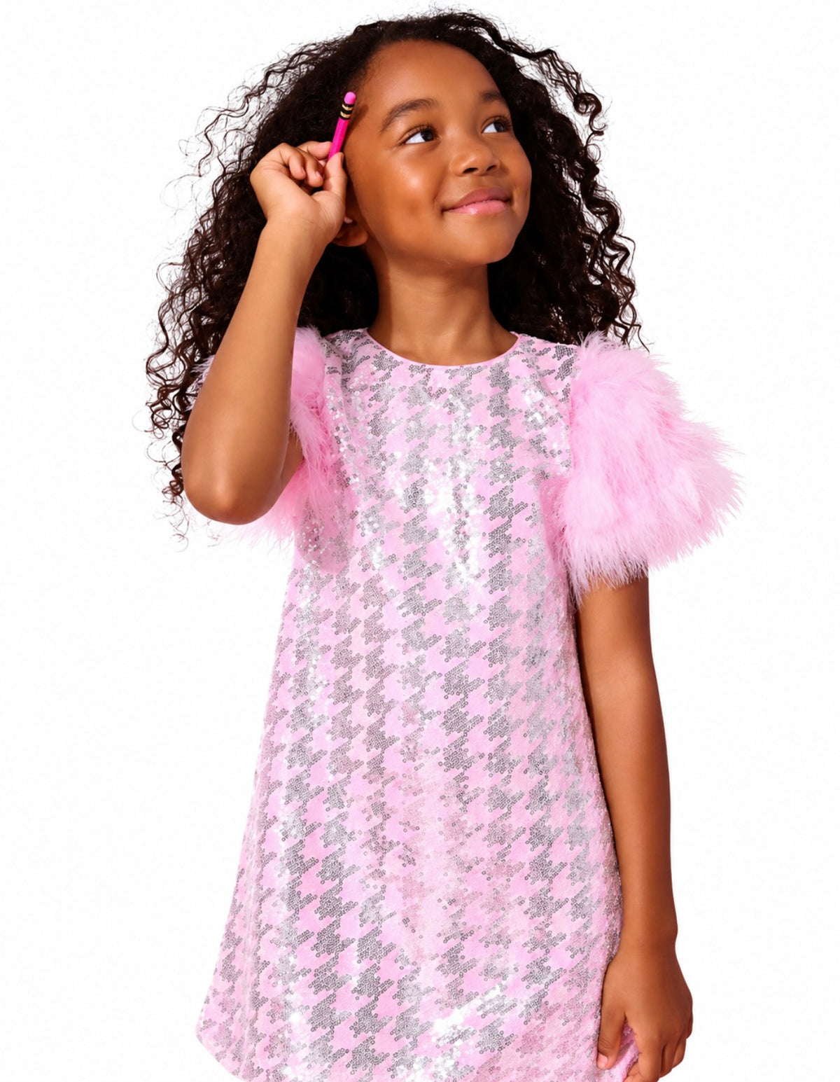 HOUNDSTOOTH SEQUIN FEATHER SLEEVE PARTY DRESS