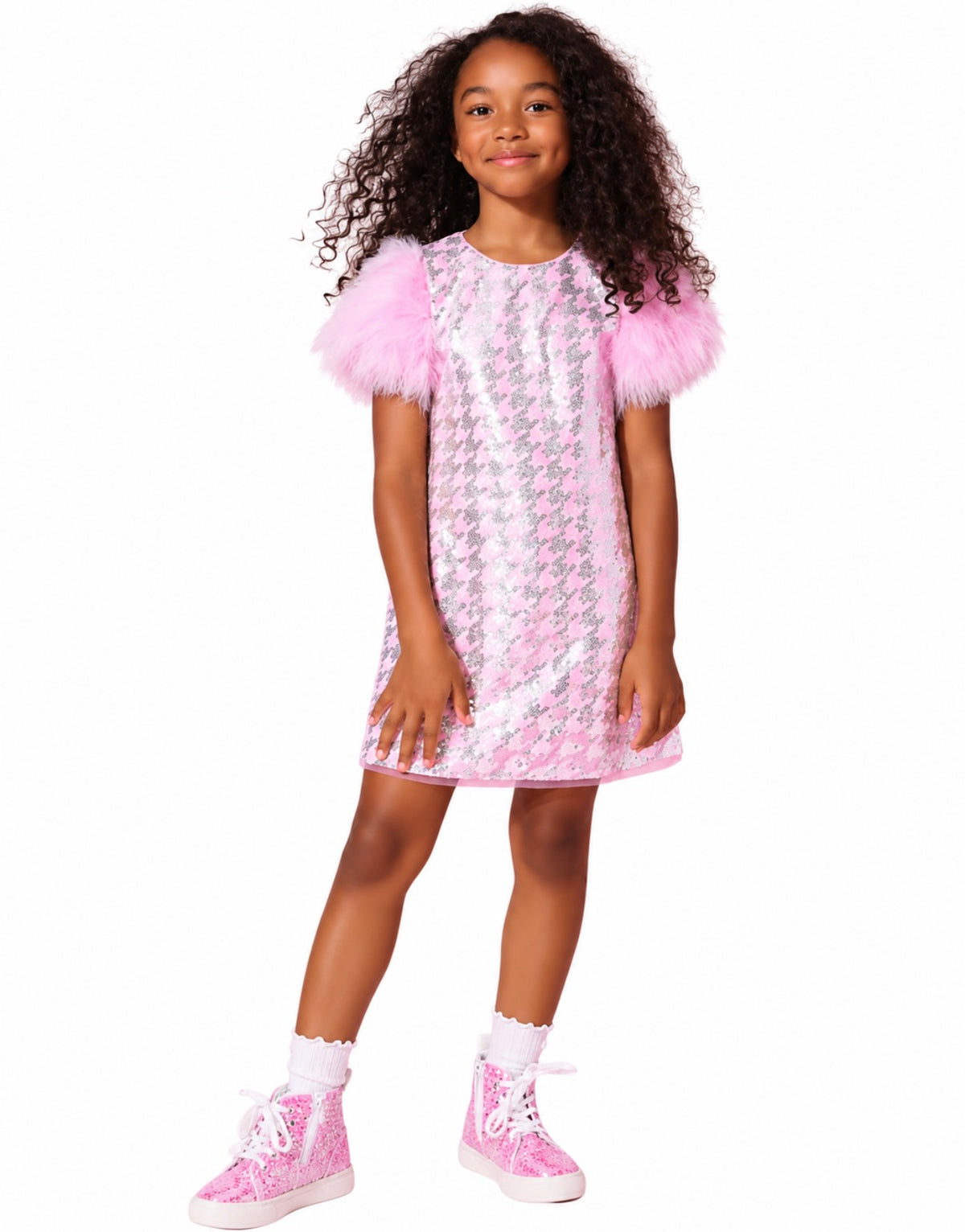 HOUNDSTOOTH SEQUIN FEATHER SLEEVE PARTY DRESS