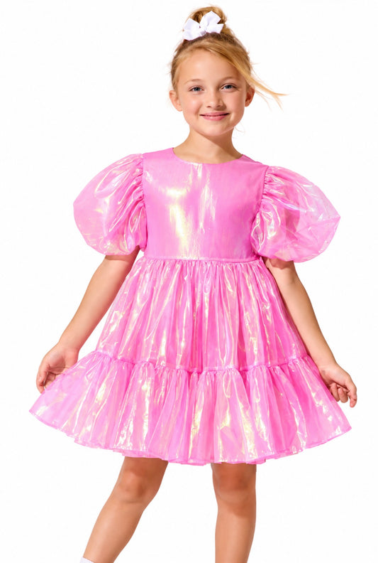 Pink Iridescent Puff Sleeve Dress