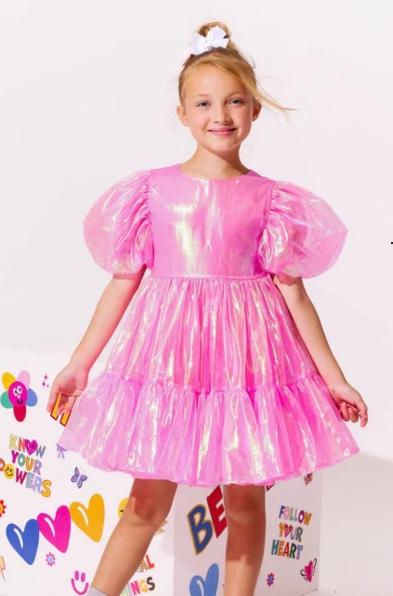 Pink Iridescent Puff Sleeve Dress