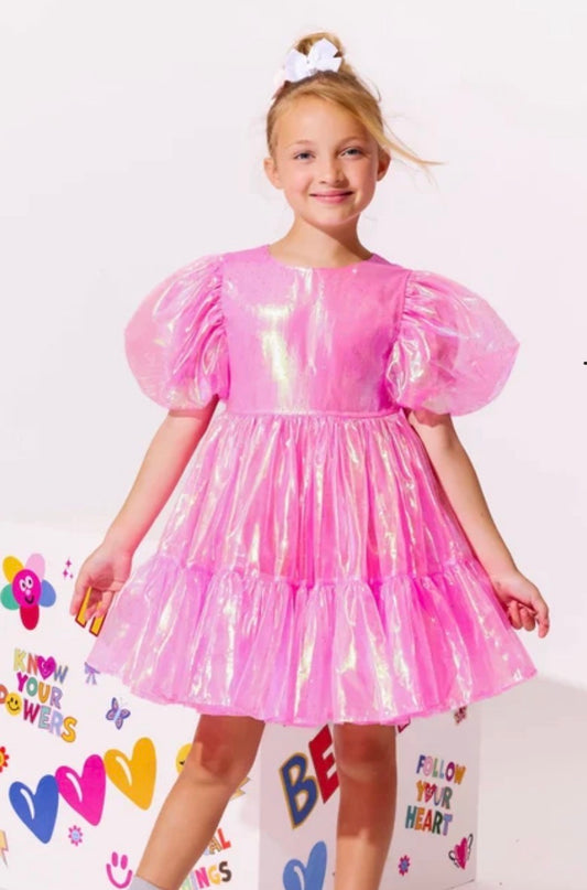 Pink Iridescent Puff Sleeve Dress